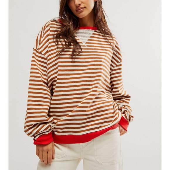 Free People Tops - Free People Brown and White Striped Sweatshirt